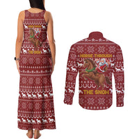 Horse Through The Snow Christmas Design Couples Matching Tank Maxi Dress and Long Sleeve Button Shirt Xmas Holiday Patterns - Wonder Print Shop