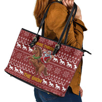 Horse Through The Snow Christmas Design Leather Tote Bag Xmas Holiday Patterns - Wonder Print Shop