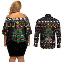 Horse Christmas Tree Christmas Design Couples Matching Off Shoulder Short Dress and Long Sleeve Button Shirt Xmas Holiday Patterns - Wonder Print Shop