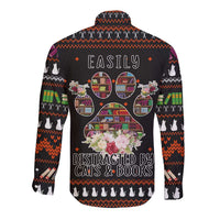 Cat And Books Christmas Long Sleeve Button Shirt Xmas Holiday Patterns - Wonder Print Shop