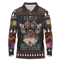 Cat And Books Christmas Long Sleeve Polo Shirt Xmas Holiday Patterns - Wonder Print Shop