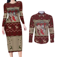 Cat And Sock Christmas Couples Matching Long Sleeve Bodycon Dress and Long Sleeve Button Shirt Xmas Holiday Patterns - Wonder Print Shop