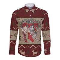 Cat And Sock Christmas Long Sleeve Button Shirt Xmas Holiday Patterns - Wonder Print Shop
