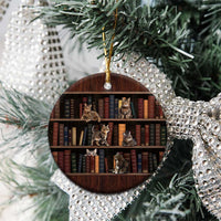 Cat Bookcase Christmas Ceramic Ornament Xmas Holiday Patterns - Wonder Print Shop