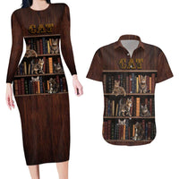 Cat Bookcase Christmas Couples Matching Long Sleeve Bodycon Dress and Hawaiian Shirt Xmas Holiday Patterns - Wonder Print Shop