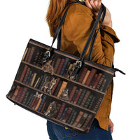 Cat Bookcase Christmas Leather Tote Bag Xmas Holiday Patterns - Wonder Print Shop
