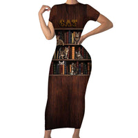 Cat Bookcase Christmas Short Sleeve Bodycon Dress Xmas Holiday Patterns - Wonder Print Shop
