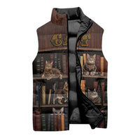 Cat Bookcase Christmas Sleeveless Puffer Jacket Xmas Holiday Patterns - Wonder Print Shop