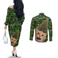 Cat Christmas Tree Couples Matching Off The Shoulder Long Sleeve Dress and Long Sleeve Button Shirt Xmas Holiday Patterns - Wonder Print Shop
