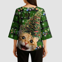 Cat Christmas Tree Kimono Sleeve Blouse Xmas Holiday Patterns - Wonder Print Shop