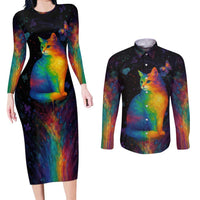 Cat Colorful Christmas Couples Matching Long Sleeve Bodycon Dress and Long Sleeve Button Shirt Xmas Holiday Patterns - Wonder Print Shop