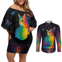 Cat Colorful Christmas Couples Matching Off Shoulder Short Dress and Long Sleeve Button Shirt Xmas Holiday Patterns - Wonder Print Shop