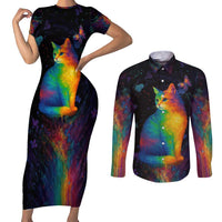 Cat Colorful Christmas Couples Matching Short Sleeve Bodycon Dress and Long Sleeve Button Shirt Xmas Holiday Patterns - Wonder Print Shop