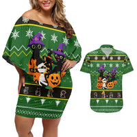 Cat Cute Witcher Noel Christmas Couples Matching Off Shoulder Short Dress and Hawaiian Shirt Xmas Holiday Patterns - Wonder Print Shop