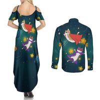 Cat Galaxy Christmas Couples Matching Summer Maxi Dress and Long Sleeve Button Shirt Xmas Holiday Patterns - Wonder Print Shop