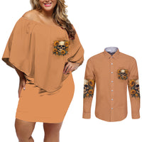 She Is Sunshine Sunflower Skull Couples Matching Off Shoulder Short Dress and Long Sleeve Button Shirt - Wonder Print Shop