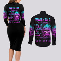 Warning Kinda Crazy Skull Couples Matching Long Sleeve Bodycon Dress and Long Sleeve Button Shirt - Wonder Print Shop