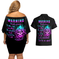 Warning Kinda Crazy Skull Couples Matching Off Shoulder Short Dress and Hawaiian Shirt - Wonder Print Shop