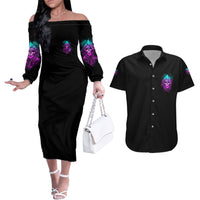 Warning Kinda Crazy Skull Couples Matching Off The Shoulder Long Sleeve Dress and Hawaiian Shirt - Wonder Print Shop