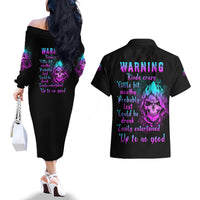 Warning Kinda Crazy Skull Couples Matching Off The Shoulder Long Sleeve Dress and Hawaiian Shirt - Wonder Print Shop