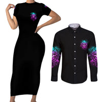 Warning Kinda Crazy Skull Couples Matching Short Sleeve Bodycon Dress and Long Sleeve Button Shirt - Wonder Print Shop