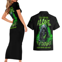 I'm Never Alone My Demons Are With Me 24/7 Couples Matching Short Sleeve Bodycon Dress and Hawaiian Shirt - Wonder Print Shop