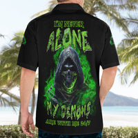 Black button-up Hawaiian shirt with large green demon face back print