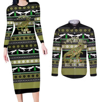 Christmas T Rex Tree Couples Matching Long Sleeve Bodycon Dress and Long Sleeve Button Shirt Xmas Holiday Patterns - Wonder Print Shop