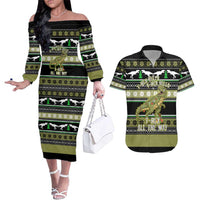 Christmas T Rex Tree Couples Matching Off The Shoulder Long Sleeve Dress and Hawaiian Shirt Xmas Holiday Patterns - Wonder Print Shop