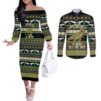 Christmas T Rex Tree Couples Matching Off The Shoulder Long Sleeve Dress and Long Sleeve Button Shirt Xmas Holiday Patterns - Wonder Print Shop