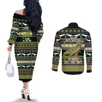 Christmas T Rex Tree Couples Matching Off The Shoulder Long Sleeve Dress and Long Sleeve Button Shirt Xmas Holiday Patterns - Wonder Print Shop