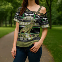 Christmas T Rex Tree Cross Shoulder Shirt Xmas Holiday Patterns - Wonder Print Shop