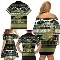 Christmas T Rex Tree Family Matching Off Shoulder Short Dress and Hawaiian Shirt Xmas Holiday Patterns - Wonder Print Shop