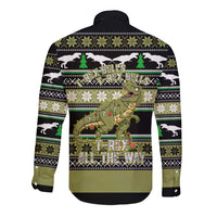 Christmas T Rex Tree Long Sleeve Button Shirt Xmas Holiday Patterns - Wonder Print Shop