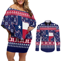 Christmas Texas Map Symbols Couples Matching Off Shoulder Short Dress and Long Sleeve Button Shirt Xmas Holiday Patterns - Wonder Print Shop