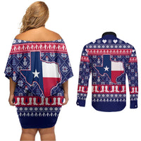 Christmas Texas Map Symbols Couples Matching Off Shoulder Short Dress and Long Sleeve Button Shirt Xmas Holiday Patterns - Wonder Print Shop
