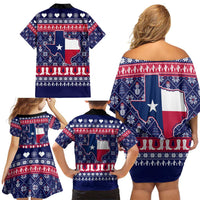 Christmas Texas Map Symbols Family Matching Off Shoulder Short Dress and Hawaiian Shirt Xmas Holiday Patterns - Wonder Print Shop