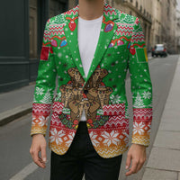 Mali Christmas Blazer with Cartoon Elephant Pyramid Snowflakes and Holiday Lights - Wonder Print Shop