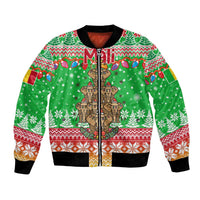 Mali Christmas Bomber Jacket with Cartoon Elephant Pyramid Snowflakes and Holiday Lights - Wonder Print Shop