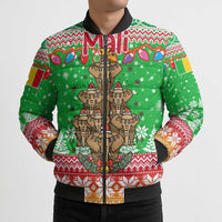 Mali Christmas Bomber Puffer Jacket with Cartoon Elephant Pyramid Snowflakes and Holiday Lights - Wonder Print Shop