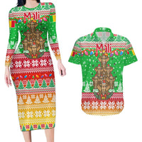 Mali Christmas Couples Matching Long Sleeve Bodycon Dress and Hawaiian Shirt with Cartoon Elephant Pyramid Snowflakes and Holiday Lights - Wonder Print Shop
