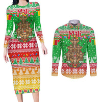 Mali Christmas Couples Matching Long Sleeve Bodycon Dress and Long Sleeve Button Shirt with Cartoon Elephant Pyramid Snowflakes and Holiday Lights - Wonder Print Shop