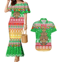 Mali Christmas Couples Matching Mermaid Dress and Hawaiian Shirt with Cartoon Elephant Pyramid Snowflakes and Holiday Lights - Wonder Print Shop