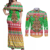Mali Christmas Couples Matching Off Shoulder Maxi Dress and Long Sleeve Button Shirt with Cartoon Elephant Pyramid Snowflakes and Holiday Lights - Wonder Print Shop