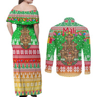 Mali Christmas Couples Matching Off Shoulder Maxi Dress and Long Sleeve Button Shirt with Cartoon Elephant Pyramid Snowflakes and Holiday Lights - Wonder Print Shop