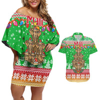 Mali Christmas Couples Matching Off Shoulder Short Dress and Hawaiian Shirt with Cartoon Elephant Pyramid Snowflakes and Holiday Lights - Wonder Print Shop