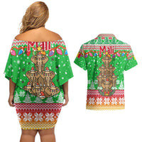 Mali Christmas Couples Matching Off Shoulder Short Dress and Hawaiian Shirt with Cartoon Elephant Pyramid Snowflakes and Holiday Lights - Wonder Print Shop