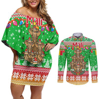 Mali Christmas Couples Matching Off Shoulder Short Dress and Long Sleeve Button Shirt with Cartoon Elephant Pyramid Snowflakes and Holiday Lights - Wonder Print Shop