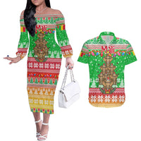 Mali Christmas Couples Matching Off The Shoulder Long Sleeve Dress and Hawaiian Shirt with Cartoon Elephant Pyramid Snowflakes and Holiday Lights - Wonder Print Shop
