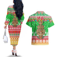 Mali Christmas Couples Matching Off The Shoulder Long Sleeve Dress and Hawaiian Shirt with Cartoon Elephant Pyramid Snowflakes and Holiday Lights - Wonder Print Shop
